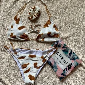 Brown cow print velvet bikini Shein with scrunchie